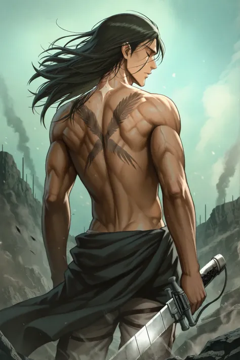 Eren Yeager, 19, from Shingeki no Kyojin His hair is very long Like after timescape, and he wears only pants and there is a sword mark on his
neck and his back is exposed, anime, mappa style, final season, the same as its shape in the anime episodes...