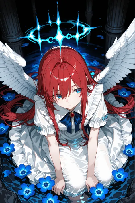 A girl with red hair,focused,gracefully sitting on a rocky shore。with her long hair hanging down,in stark contrast to the busy environment at night。She wears a flowing white dress,with frills and refinement blue bow,reflects a kind of divine purity,The win...