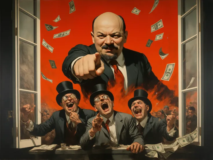 A satirical Soviet-style propaganda poster with absurdist cartoon elements, featuring a bald Vladimir Lenin (no hat) grinning mischievously as he emphatically points his comically oversized hand toward an open window. Three terrified bourgeois men in top h...