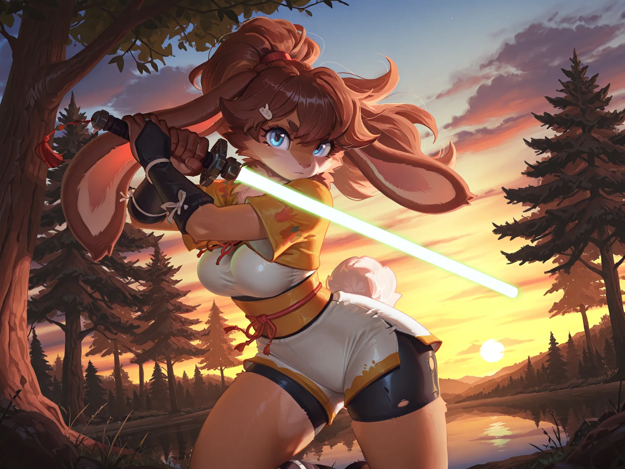 masterpiece, best quality, amazing quality, very aesthetic, high resolution, ultra-detailed, absurdres, newest, scenery, 1girl, rabbit, furry female, blue eyes, looking at the viewer, tail, medium breasts, thighs, hips, female focus, contrast lighting, sid...