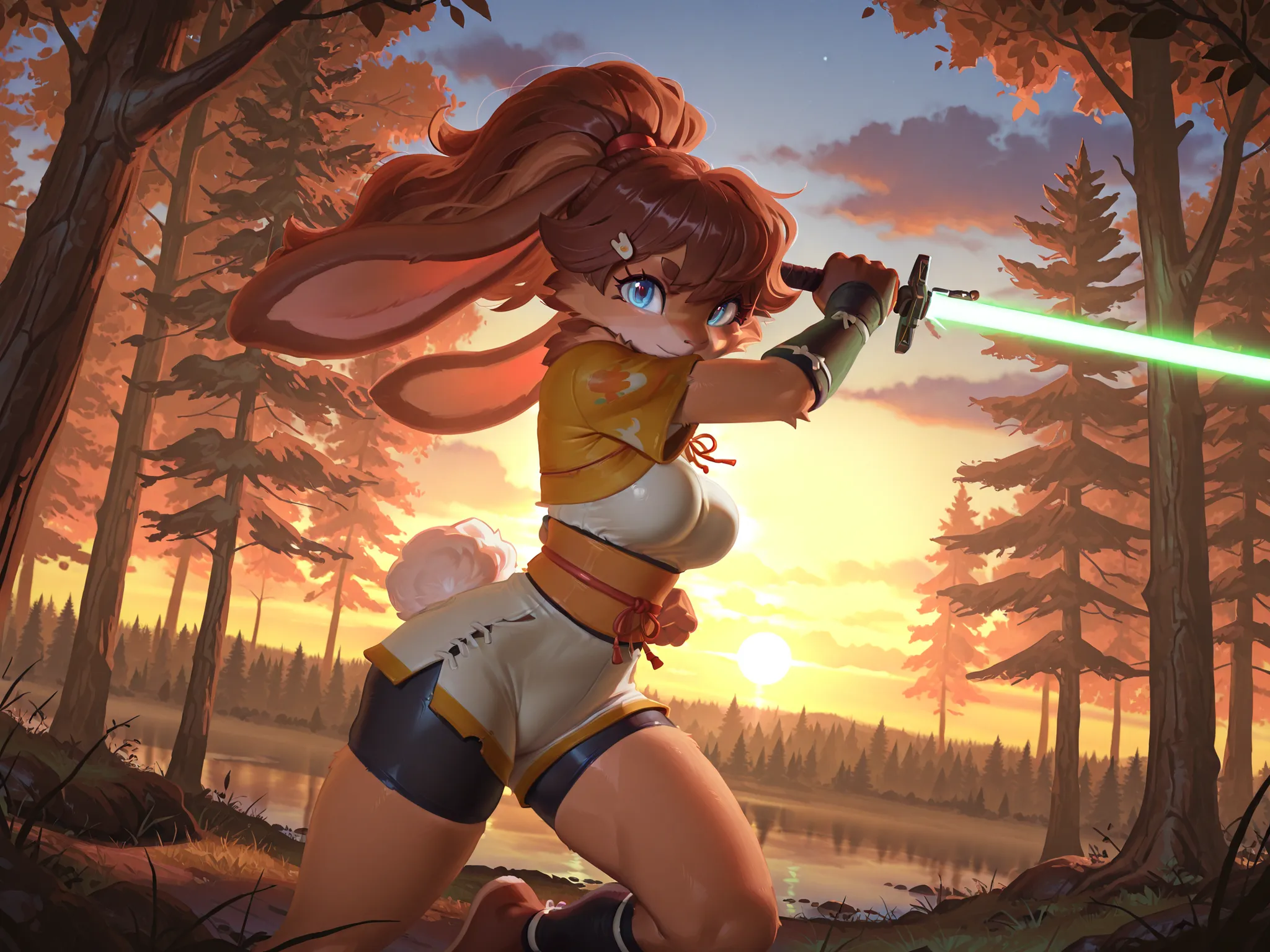 masterpiece, best quality, amazing quality, very aesthetic, high resolution, ultra-detailed, absurdres, newest, scenery, 1girl, rabbit, furry female, blue eyes, looking at the viewer, tail, medium breasts, thighs, hips, female focus, contrast lighting, sid...