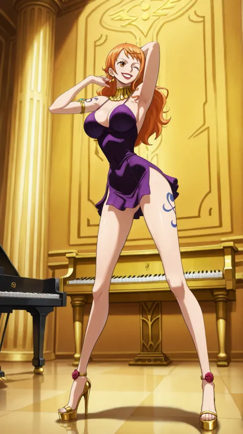 punteggio_9, punteggio_8_Sul, punteggio_7_Sul. Background with magic lights rose gold and purple in golden palace. Physique of Carina with Nami's face from One Piece, Solo, source_anime, primo piano, standing with her legs open, Seni enormi, black micro dr...