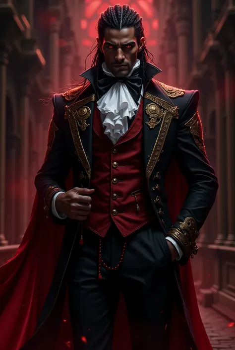 The image presents a character with an imposing and charismatic presence, clearly a black vampire surrounded by an aura of dark nobility and enigmatic charm. He stands upright and confident, in front of a dark background tinged with carmine tones and abstr...