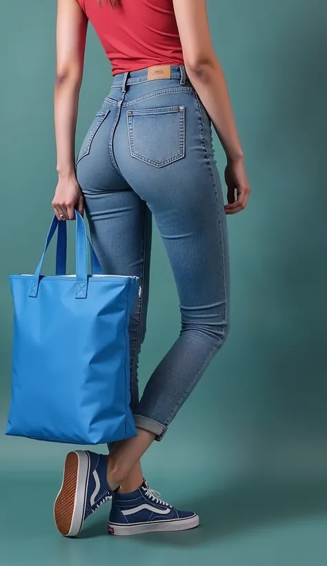 ((Close-up)) Of a thin woman standing (((in a back diagonal position))), wearing tight jeans and (((Vans® ultrarange vr3 sneakers))), holding a basic blue cooler bag, Simple bag e reta, thermal bag with tote bag size, Simple bag, Ecological sabota, nylon t...