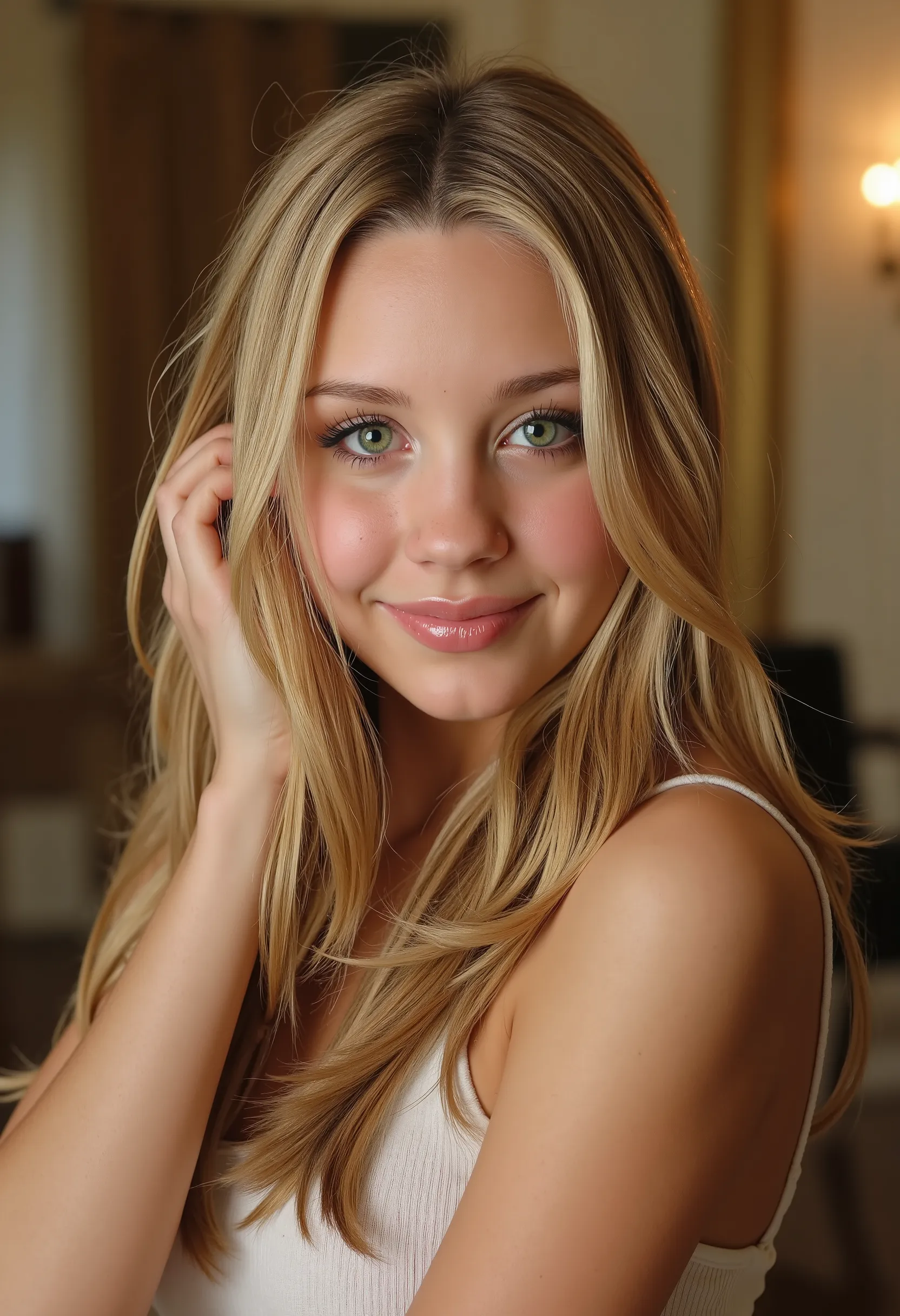 score_9, score_8_up, score_7_up, realistic, 1girl, young, little, petite, puffy lips, perfect lips, big lips, parted lips, little face, young face, instagram, insta girl, selfy, 48mm, iso 800, strict angle, young, posing, home interior, blonde hair, rich h...