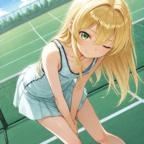 from front,dynamic angle,dutch angle, masterpiece,( clear line illustration :1.2),great quality,absurd,Ultra High Definition ,beautiful face, Petite facial features,meticulous skin ,perfect anatomy,Accurate 4 fingers,(flat chest:1.5 ),long hair,blond hair,...
