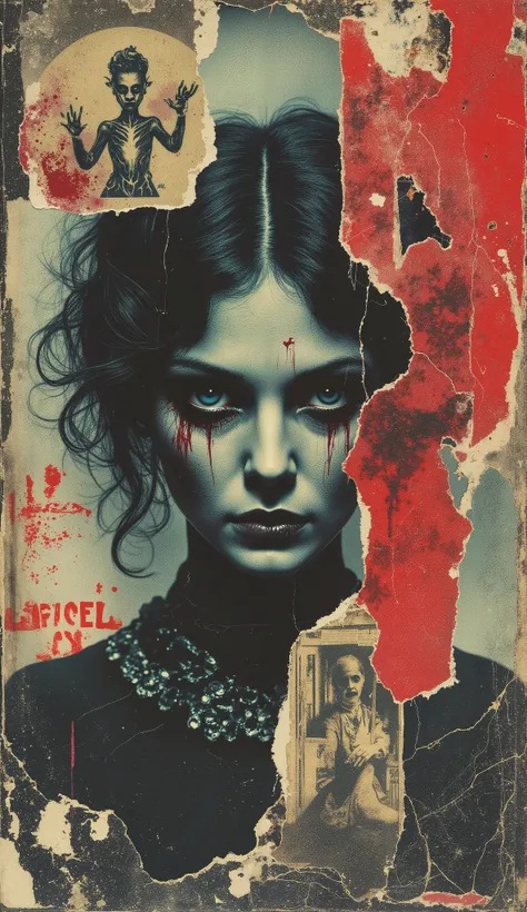 film(1929), directed by Luis Buñuel, Surreal retro collage artwork composed of cutouts from vintage horror magazines, chaotic and rebellious composition, torn paper textures, bold pop colors, absurd juxtapositions, sinister nostalgic aesthetic. Hidden with...