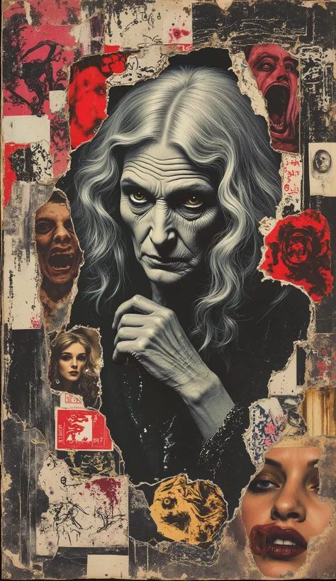 film(1929), directed by Luis Buñuel, Surreal retro collage artwork composed of cutouts from vintage horror magazines, chaotic and rebellious composition, torn paper textures, bold pop colors, absurd juxtapositions, sinister nostalgic aesthetic. Hidden with...