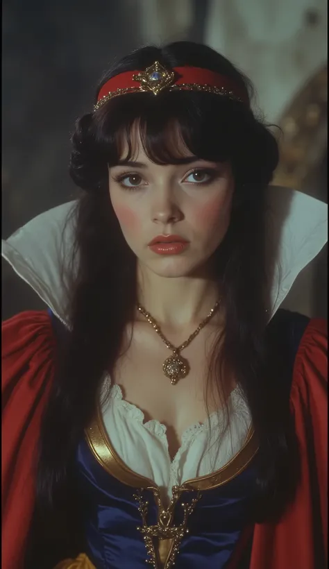 1980 film still, realistic princess Snow White, long straight black hair, 21 years old, medium shot, grainy effect