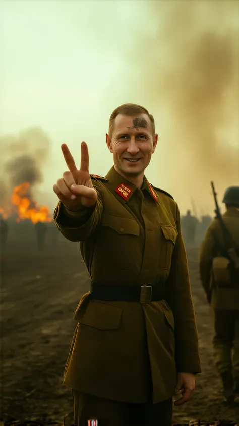 A cinematic, emotionally powerful portrait of a russian soldier in battle-worn military uniform standing on a war-torn battlefield, flashing a triumphant 'V' for Victory sign (✌️) with his right hand—palm outward in the classic WWII victory gesture. His fa...