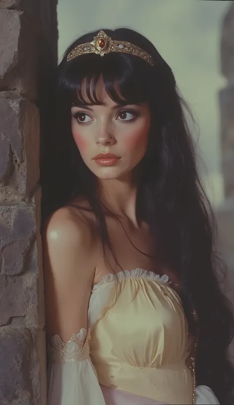 1980 film still, princess Snow White, long straight black hair, medium shot, grainy effect