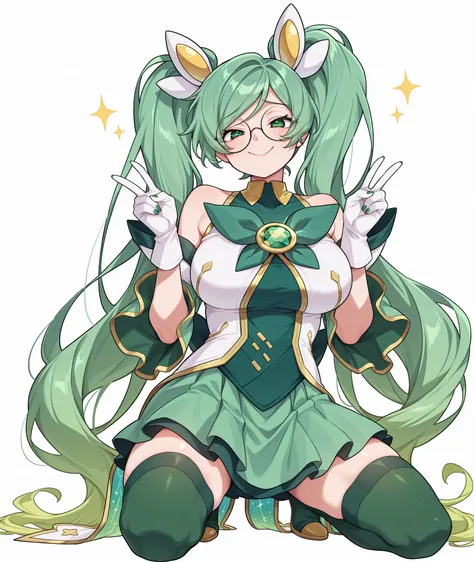 score_9, score_8_up, score_7_up, score_6_up, BREAK, 1girl,green hair,long hair,glasses,green eyes,twintails,bare shoulders,breasts,large breasts,round eyewear,sona_star,bangs,gloves,hair ornament,detached sleeves,skirt,very long hair,white gloves,green ski...