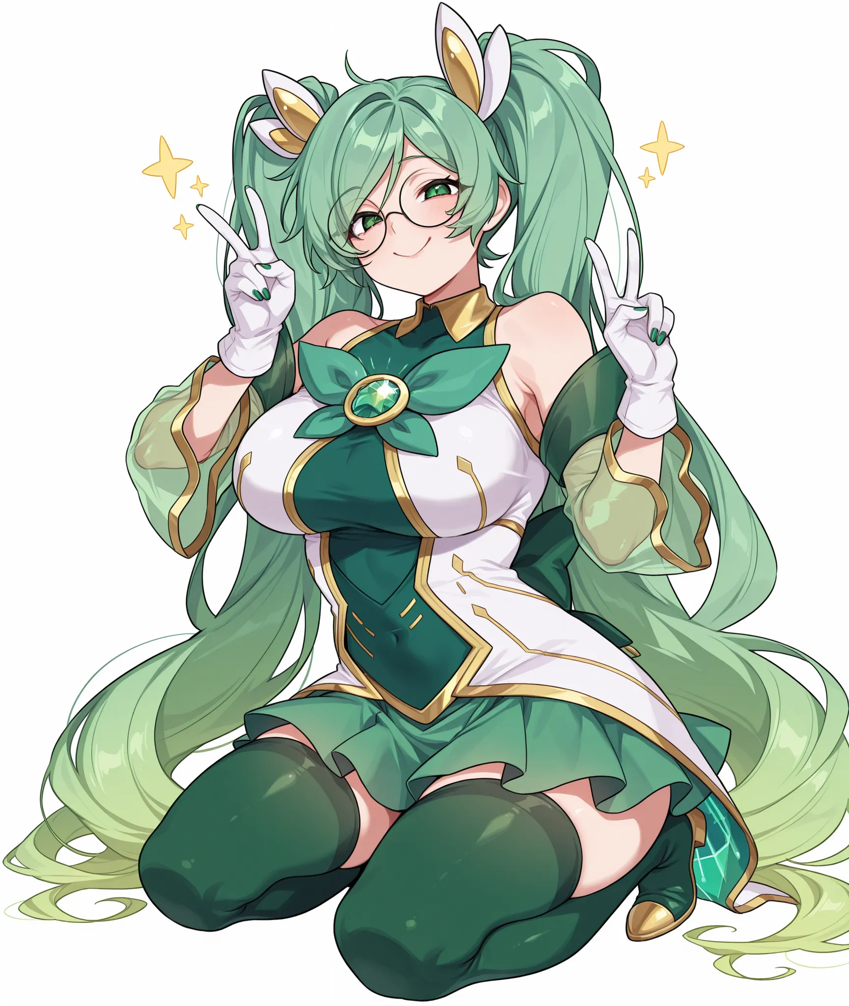 score_9, score_8_up, score_7_up, score_6_up, BREAK, 1girl,green hair,long hair,glasses,green eyes,twintails,bare shoulders,breasts,large breasts,round eyewear,sona_star,bangs,gloves,hair ornament,detached sleeves,skirt,very long hair,white gloves,green ski...