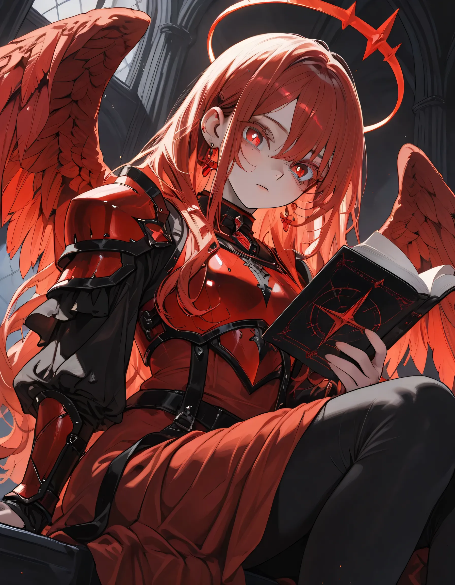 score_9, score_8_up, score_7_up, score_6_up, ((masterpiece:1.2)), ((best quality:1.3)), 1girl, long Red hair, red eyes, colored eyelashes, red dress, red armor, sitting, Low-angle view, Red feather Wings,reading A black books, bright pupils, close up potra...