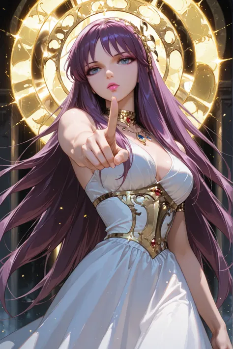 1girl, solo, Saori o (Athena), purple hair, blue eyes, makeup, lipstick, pink lips, white dress, standing, looking at the viewer, cold gaze, dynamic pose, pointing the index finger at the viewer, golden aura around, golden rays around the hands, beautiful,...