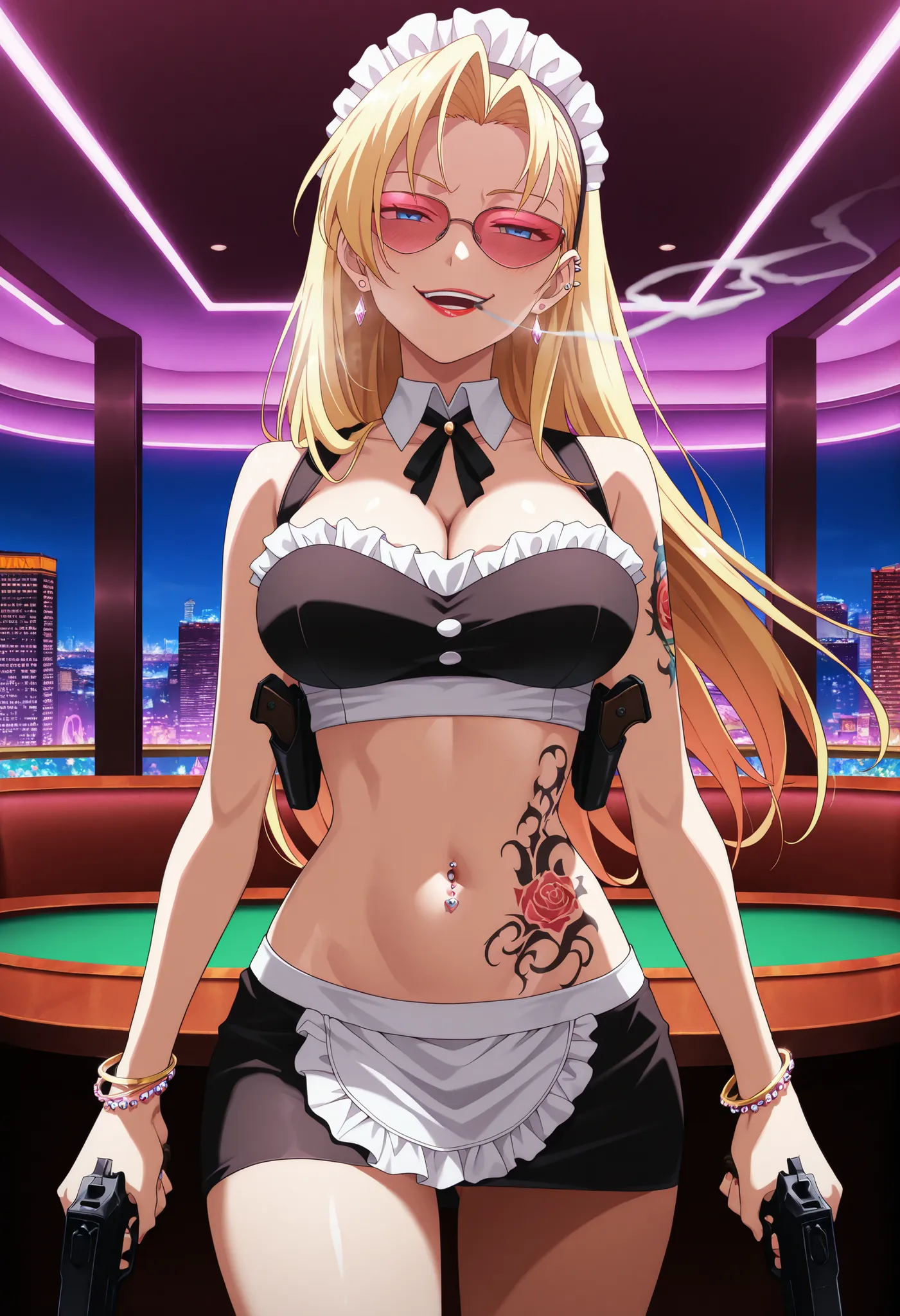 masterpiece,best quality,absurdres,newest,eda,1girl,solo,blue eyes,,blonde hair,long hair,, medium large breasts,midriff,navel,bracelet,tattoo,jewelry,,,hairband,, , ear piercing, long hair, blush, lipstick,Hot girl, baddie, smoking, sensual, attractive ,,...