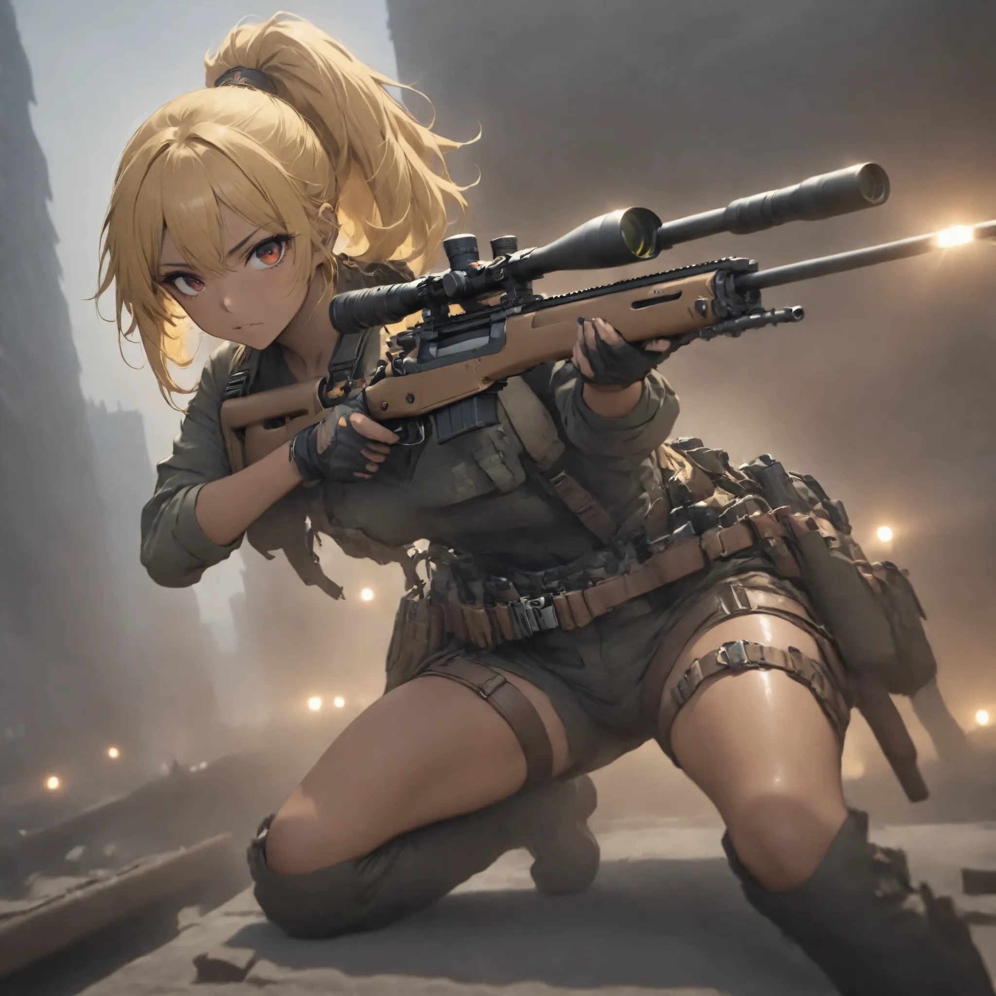(masterpiece, Highest Quality:1.2), one girl who is unrivaled on the battlefield, solo,Beautiful Female Sniper Taking a Sniper Position in the Apocalyptic World 、 with cape overlooking the city from the building 、 anatomically correct posture 、 ...