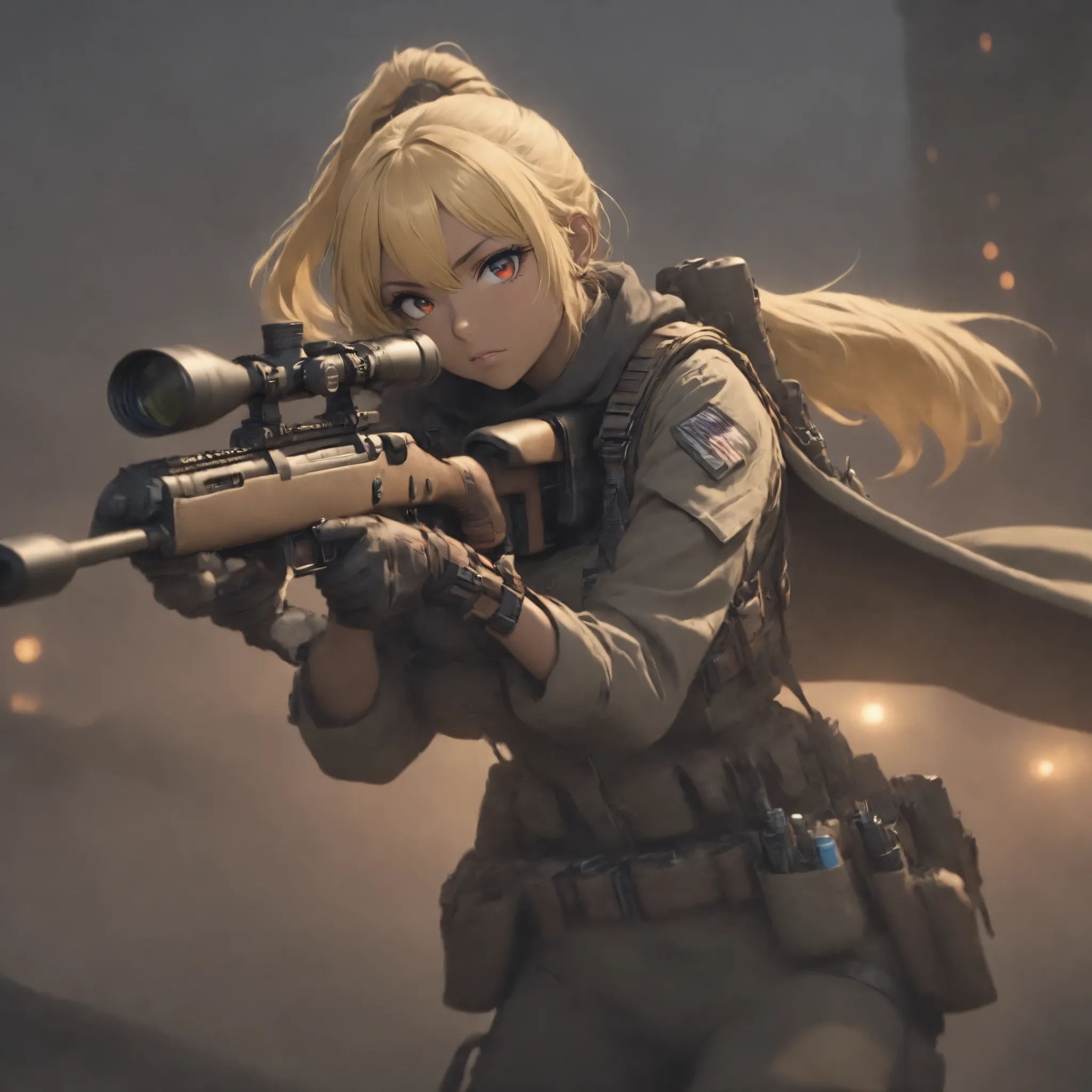 (masterpiece, Highest Quality:1.2), one girl who is unrivaled on the battlefield, solo,Beautiful Female Sniper Taking a Sniper Position in the Apocalyptic World 、 with cape overlooking the city from the building 、 anatomically correct posture 、 ...