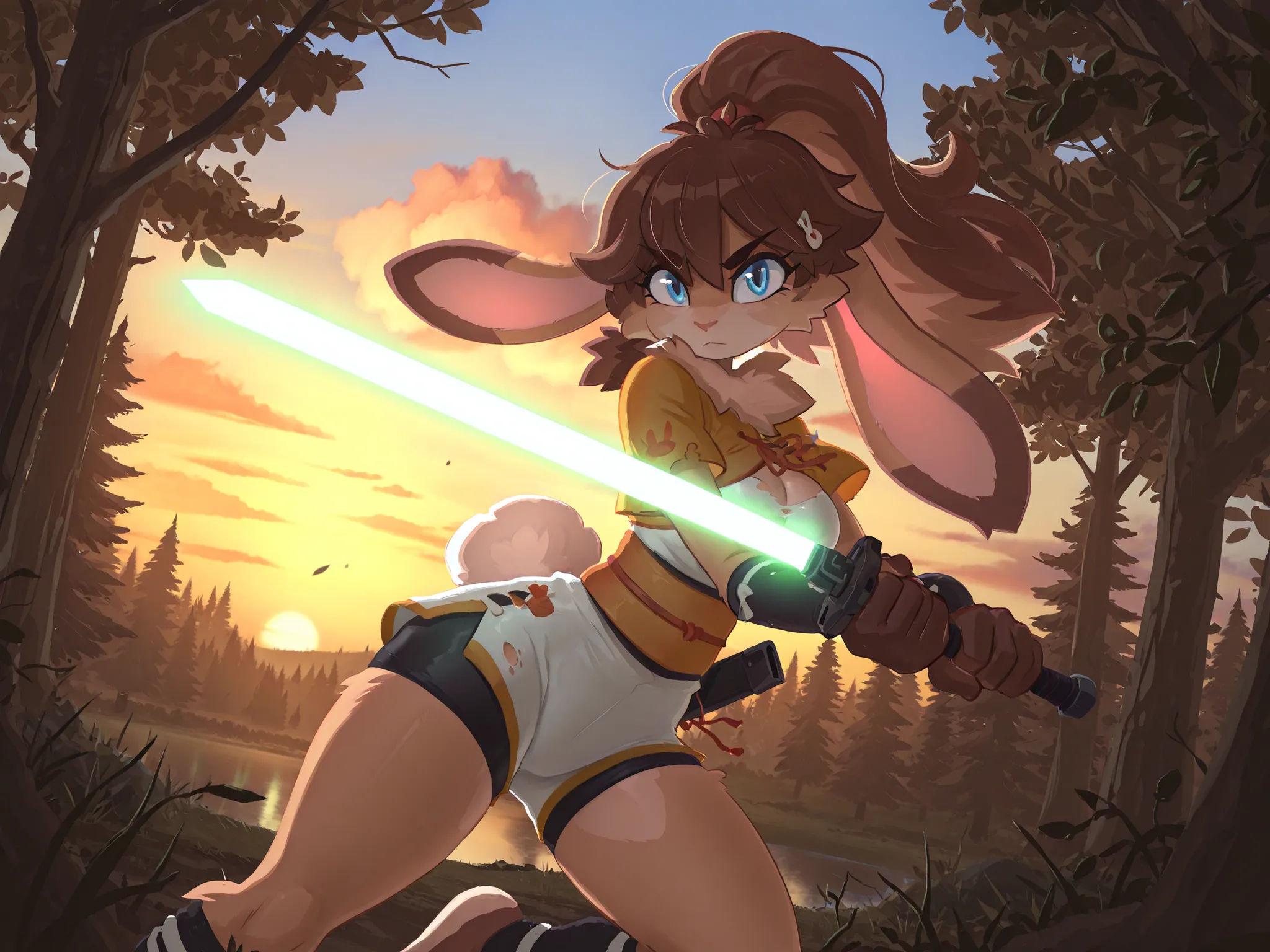 masterpiece, best quality, amazing quality, very aesthetic, high resolution, ultra-detailed, absurdres, newest, scenery, 1girl, rabbit, furry female, blue eyes, looking at the viewer, tail, medium breasts, thighs, hips, female focus, contrast lighting, sid...