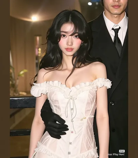 This is a high resolution photograph of a young Asian woman with fair complexion and straight hair, dark brown hair up to their shoulders. She has a slim figure and is wearing a strapless top, black velvet dress that has a high collar and a slightly flared...