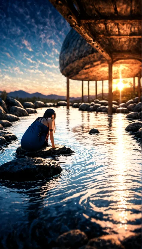 masterpiece, best quality, amazing quality, very aesthetic, high resolution, Ultra-detailed, absurdres, new , landscape,High Definition,arm cover,  REST, depth of field, volumetric lighting,mineral debt ,A girl in the hot springs, depth of field, imagen de...