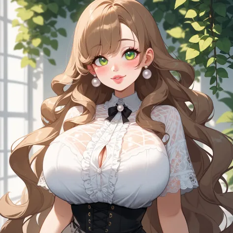 (pastel colors), 1woman, ((small, feminine and delicate body)), (perfect eyes), (big eyes), (perfect nose), (perfect lips), (perfect hair), huge breasts:1:5, ((very long hair)), wavy hair, (((dark-brown hair:1:1))), ((side curvy bang)), green eyes, big and...