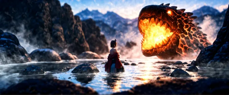 ,A girl in the hot springs, depth of field, high definition image, a lot of details,Unidentified giant creature that lives in Lake Caldera, fiction, elegant.