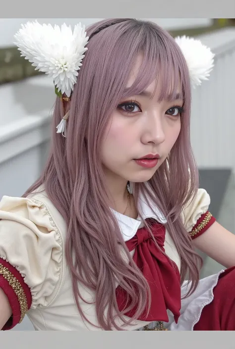 surrounded by flowers , sitting on a Japanese park bench , park bench behind n \There's a 、there Ren is playing with a jacket on her chest and a white shirt , (( turn your head over and scream for an orgasm )) , close up with my eyes closed , ...