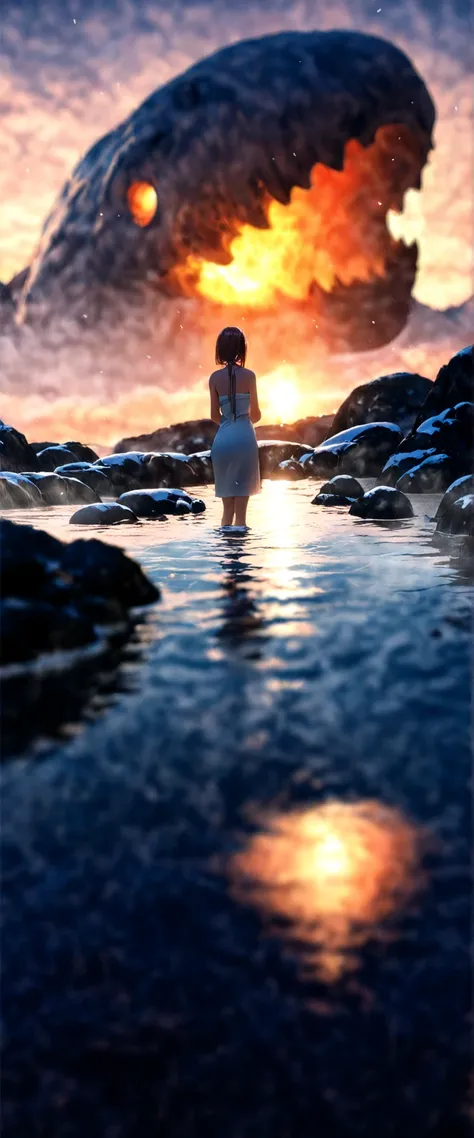 ,A girl in the hot springs, depth of field, high definition image, a lot of details,Unidentified giant creature that lives in Lake Caldera, fiction, elegant.
