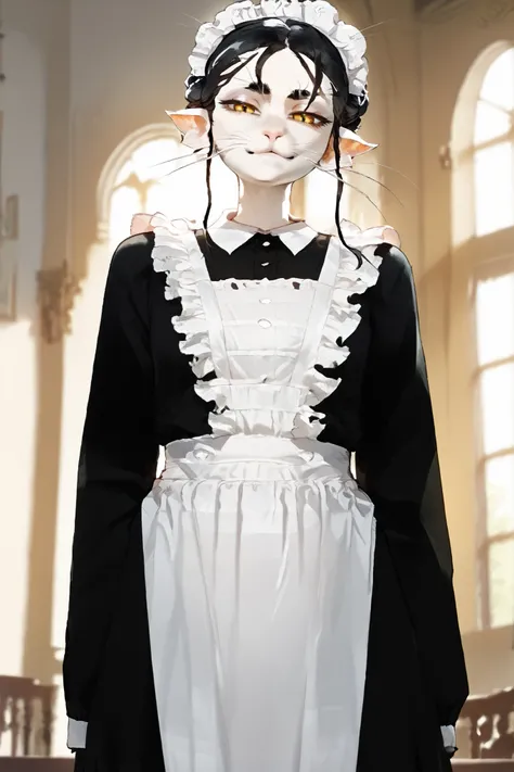 1girl, furry female, tall female, very tall, slender, white body, animal nose, alien ears, whiskers, 6breasts, multiple breasts, smirk, hud_vic_m4id, black dress, maid apron, frills, maid headdresshud_vic_m4id, black dress, maid apron, frills, maid headdre...