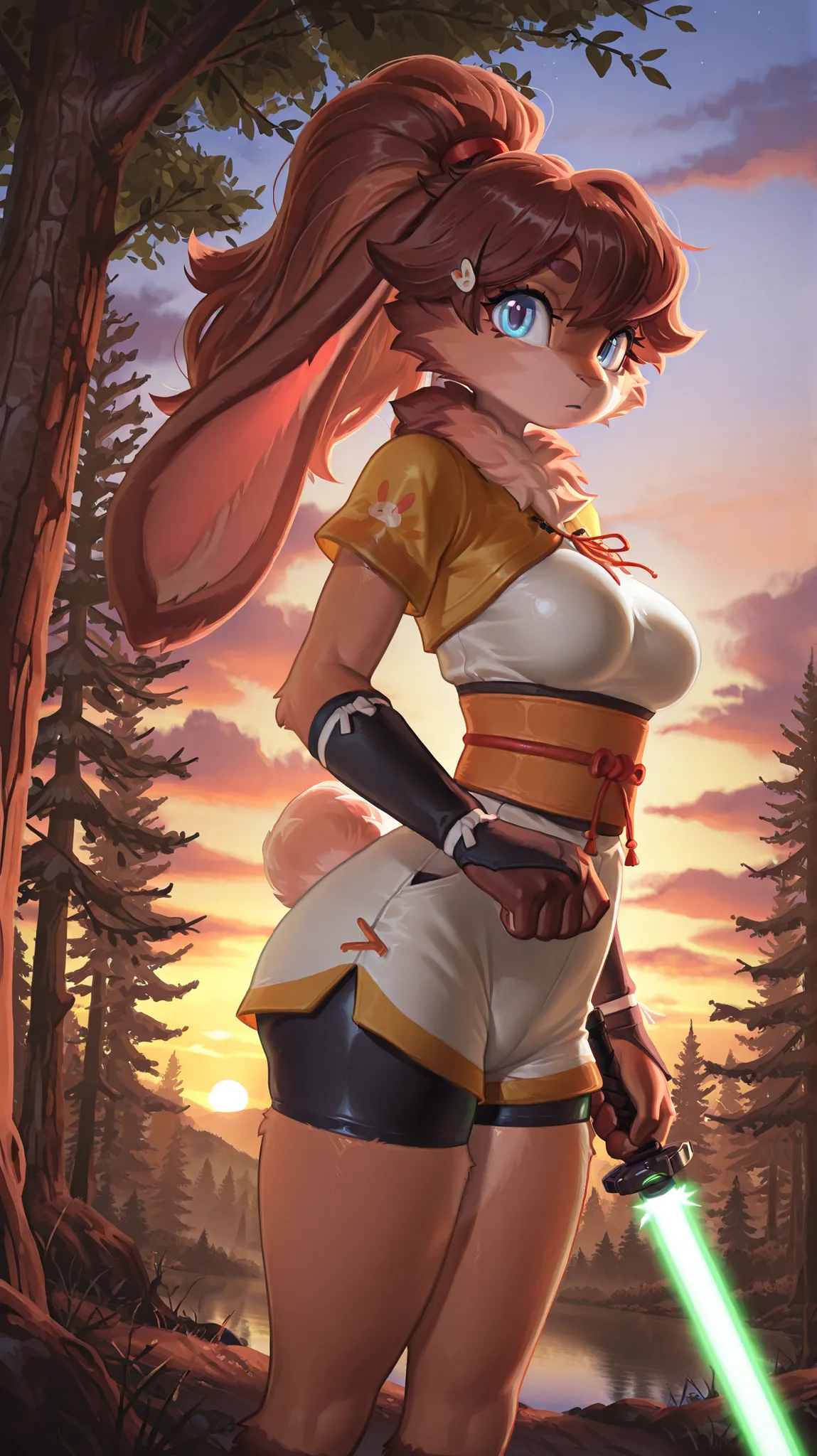 masterpiece, best quality, amazing quality, very aesthetic, high resolution, ultra-detailed, absurdres, newest, scenery, 1girl, rabbit, furry female, blue eyes, looking at the viewer, tail, medium breasts, thighs, hips, female focus, contrast lighting, sid...