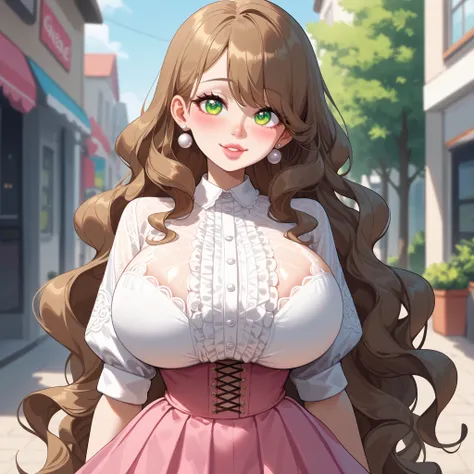 (pastel colors), 1woman, ((small, feminine and delicate body)), (perfect eyes), (big eyes), (perfect nose), (perfect lips), (perfect hair), huge breasts:1:5, ((very long hair)), wavy hair, (((dark-brown hair:1:1))), ((side curvy bang)), green eyes, big and...