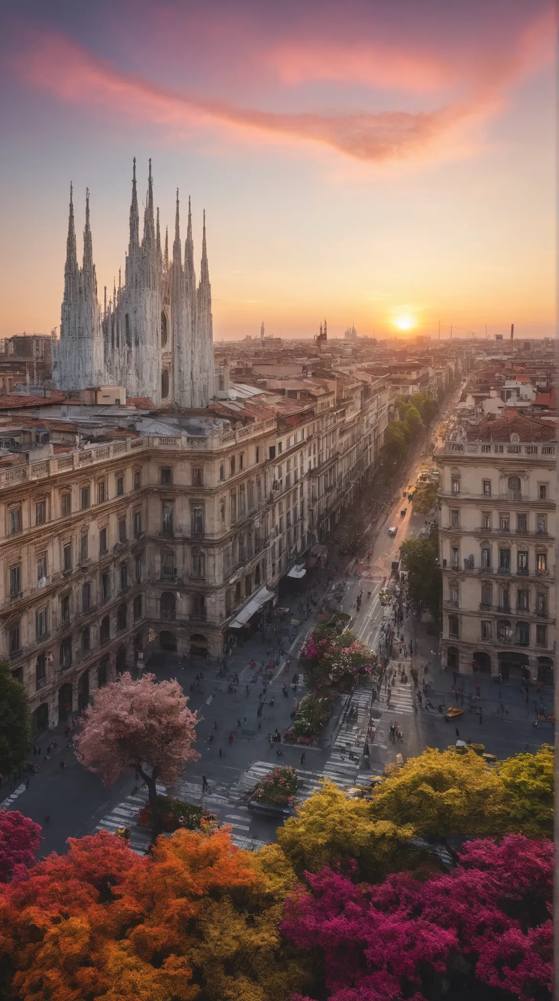 highdefinition images、Milan cityscape、People Looking Down々、 Flowers and trees々The beautiful city of、Mysterious Beings and Mysterious Colors Hidden in Tree Branches、 8k、 ( High Quality Seven Colored Flowers ) A City Full of Fantasy、 Soft Sunrise in Milan...