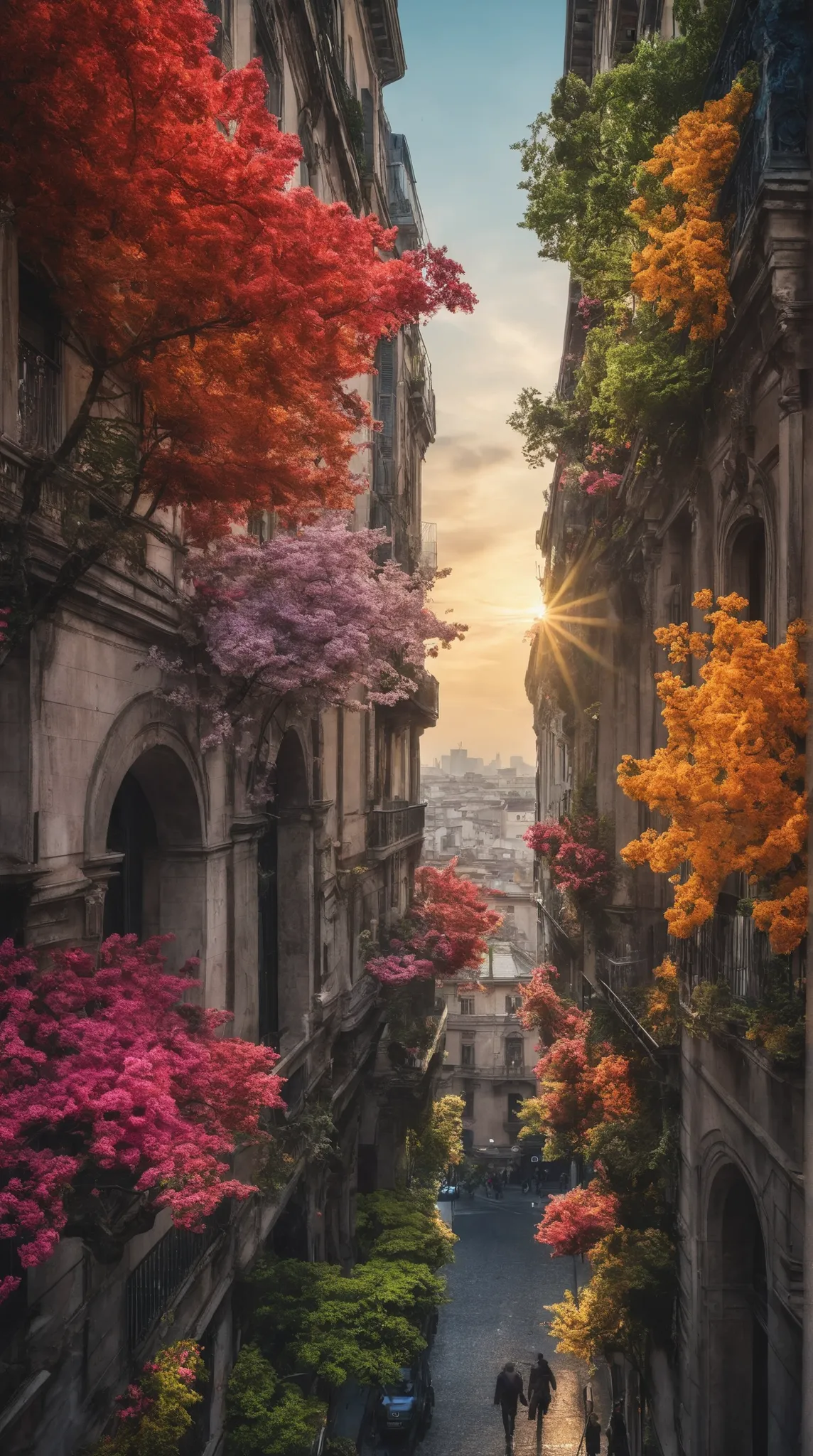  highdefinition images、Milan cityscape、People Looking Down々、 Flowers and trees々The beautiful city of、Mysterious Beings and Mysterious Colors Hidden in Tree Branches、 8k、 (  High Quality Seven Colored Flowers  ) A City Full of Fantasy、 Soft Sunrise in Milan。