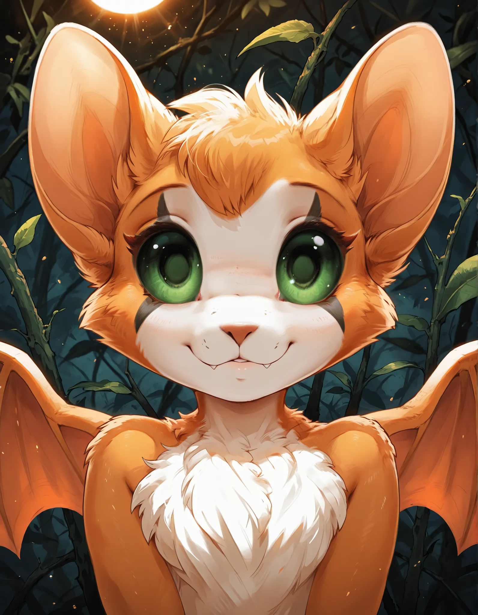 venison style,, masterpiece, best quality, very aesthetic, 1girl,, solo, furry, fidget \(elysian tail\), nimbat, fidget_daet, anthro, furry female, wings, tail, green eyes, colored sclera, bat wings, facial markings, orange fur, white fur, two-tone fur,mem...