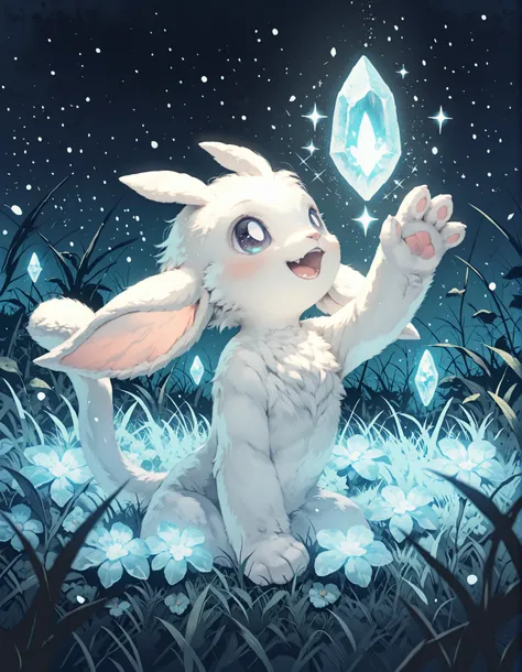 venison style,, solo furry, no human, guardian spirit, ori \(ori\), white body, big eyes, half-length portrait, fluffy, curious, happy, open mouth, looking up, head up, particles, raised one hand, blue glowing crystal, floating crystal, BREAK, masterpiece,...