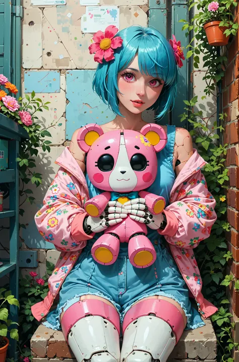 cute girly robot,flower pattern on body, heavy weapons,kawaii mood,Joints and gaps glowing pink.holding teddybear,newest anime style