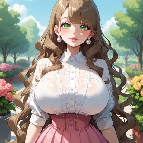 (pastel colors), 1woman, ((small, feminine and delicate body)), (perfect eyes), (big eyes), (perfect nose), (perfect lips), (perfect hair), huge breasts:1:5, ((very long hair)), wavy hair, (((dark-brown hair:1:1))), ((side curvy bang)), green eyes, big and...