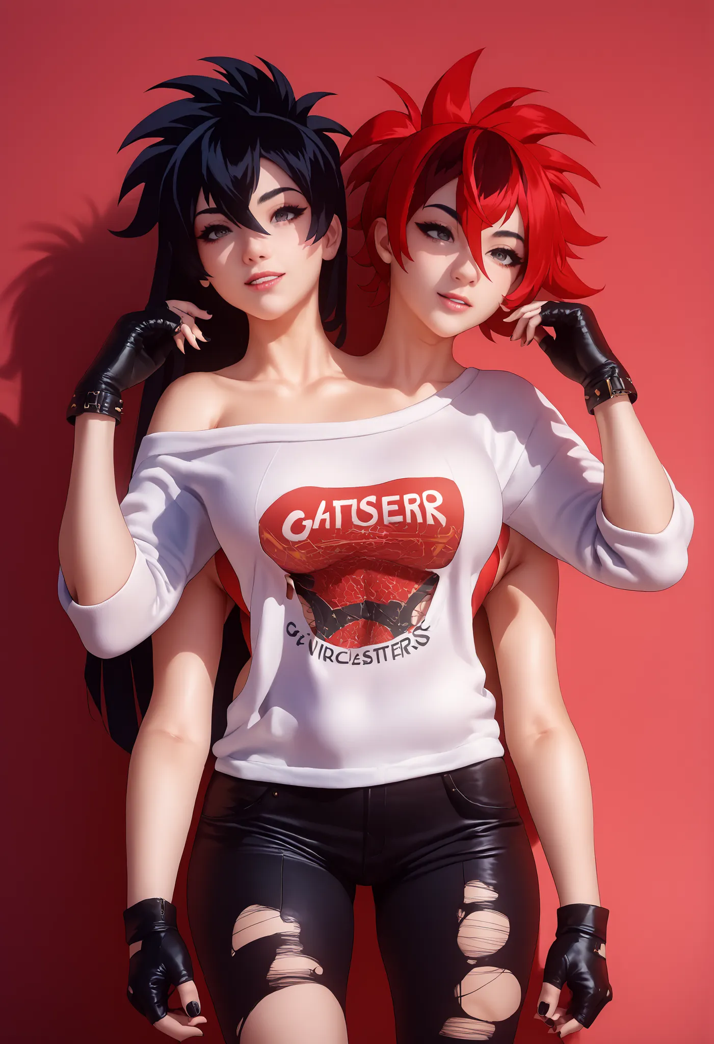 best resolution,anime woman with two heads, gold eyes, different hair colors, red hair, black hair, different hairstyles, different hair-lengths, short hair, long hair, spiky hair, straight hair, hair down, oversized white sweater, one shoulder bare, tor...