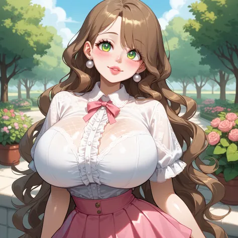 (pastel colors), 1woman, ((small, feminine and delicate body)), (perfect eyes), (big eyes), (perfect nose), (perfect lips), (perfect hair), huge breasts:1:5, ((very long hair)), wavy hair, (((dark-brown hair:1:1))), ((side curvy bang)), green eyes, big and...