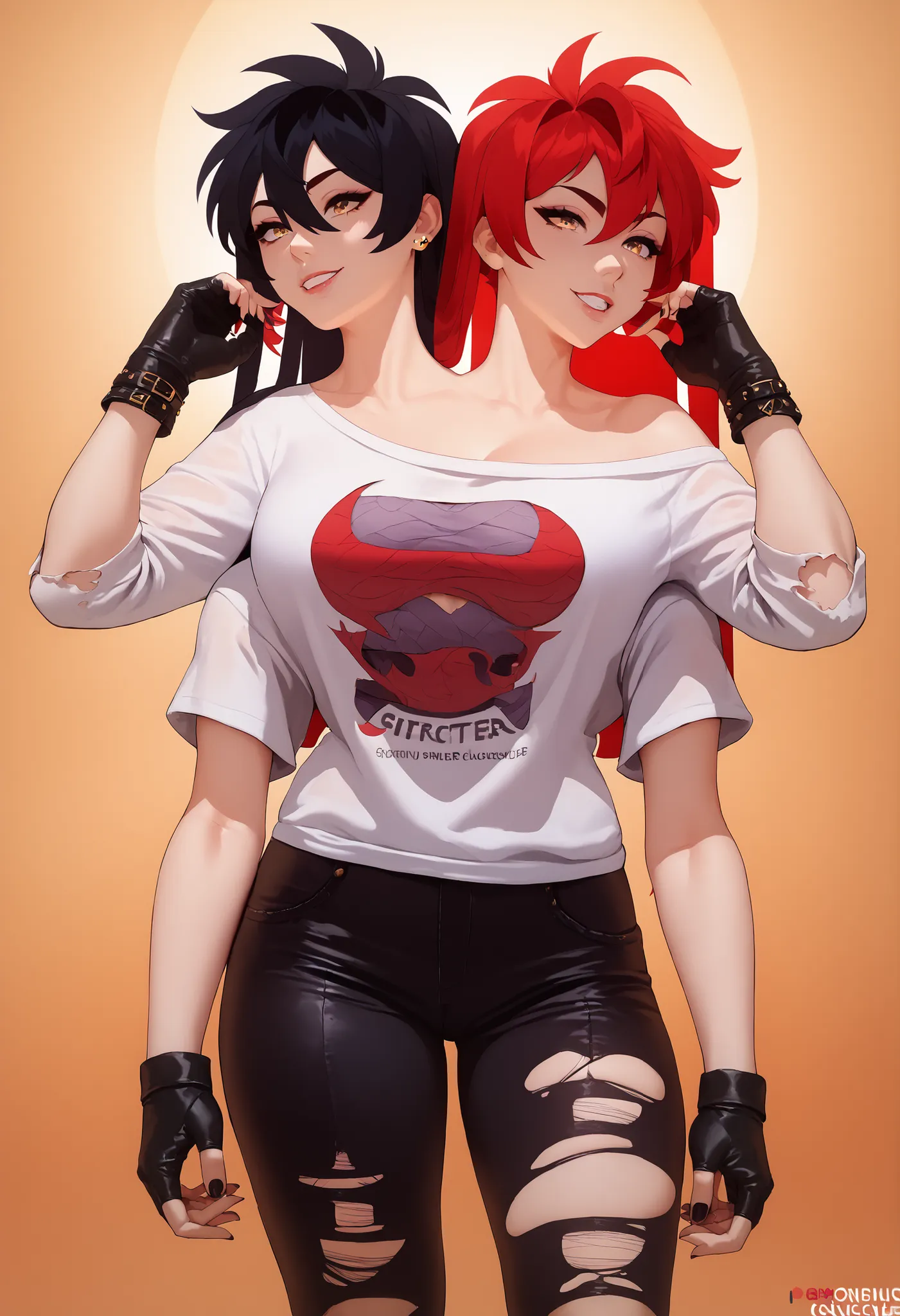 best resolution,anime woman with two heads, gold eyes, different hair colors, red hair, black hair, different hairstyles, different hair-lengths, short hair, long hair, spiky hair, straight hair, hair down, oversized white sweater, one shoulder bare, tor...