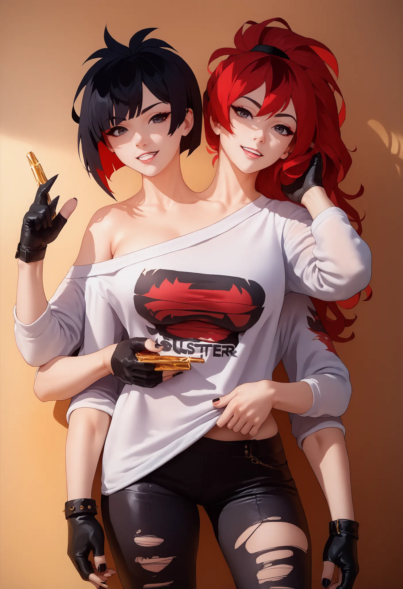 best resolution,anime woman with two heads, gold eyes, different hair colors, red hair, black hair, different hairstyles, different hair-lengths, short hair, long hair, spiky hair, straight hair, hair down, oversized white sweater, one shoulder bare, tor...