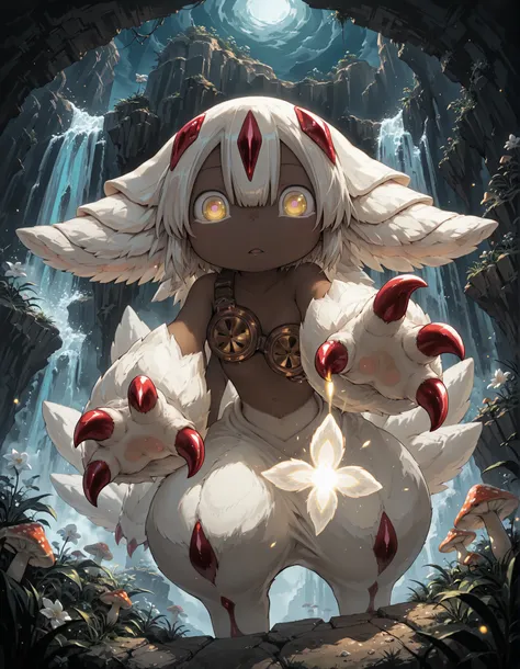 venison style, solo, faputa,dark-skinned female, white hair, extra arms, white fur, multiple tails, claws, looking down at viewer, under surface view, low-angle view, reaching towards viewer, glowing eyes, BREAK, masterpiece, best quality, made in abyss, r...