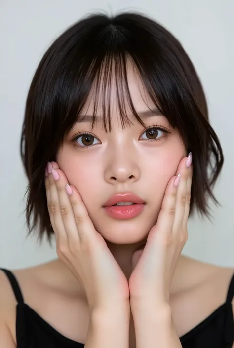 extreme close-up portrait, beautiful girl with her love-struck, radiant face filling the entire frame (95% face ratio), gently placing both open hands on her flushed cheeks with soft fingers, soft black camisole, white blurred background, eyes dreamy and h...