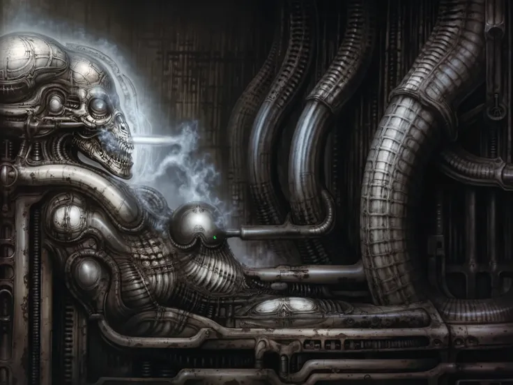 A dark, biomechanical landscape filled with interwoven, elongated, organic and metallic forms, inspired by the surreal and nightmarish style of H.R. Giger. The scene is densely packed with tubular, serpentine structures that resemble a fusion of alien exo...