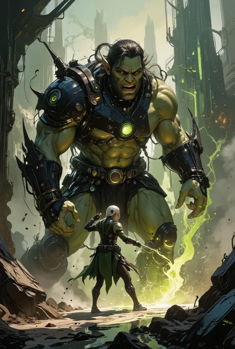 a brutal and powerful orc with cyber implants fights an elf, whose magic looks like computer code