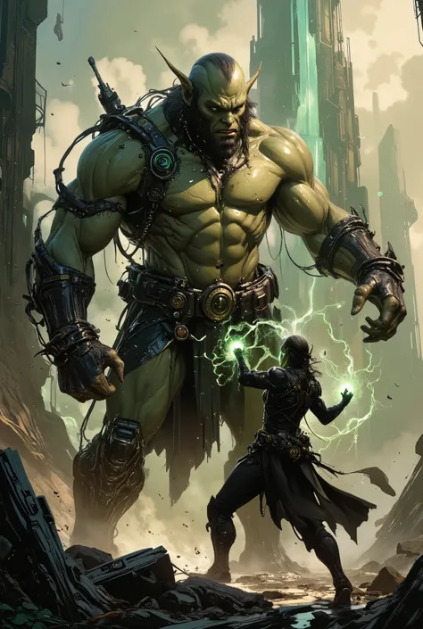 a brutal and powerful orc with cyber implants fights an elf, whose magic looks like computer code
