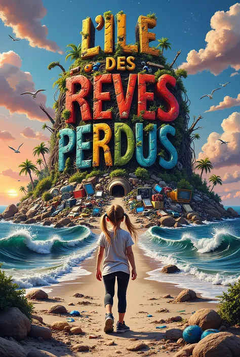 A whimsical, vibrant illustration featuring the title : “L'ILE des REVES PERDUS” made in recycled waste, garbage damaged letters in a grunge, gross, cartoon font, this title on top of a nasty polluted island hill of trash, a dirty ocean around filled with ...