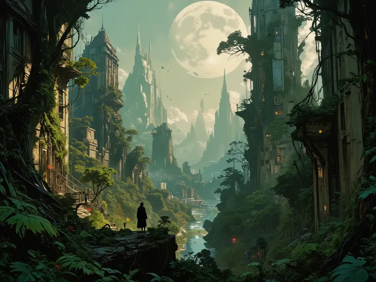 The landscape of a ruined metropolis overgrown with ivy and trees against the background of a shattered moon
