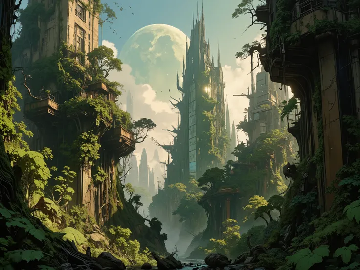 The landscape of a ruined metropolis overgrown with ivy and trees against the background of a shattered moon